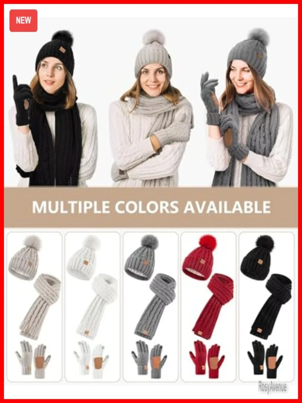 Fleece Lined Winter Beanie Hat Scarf Gloves Set with Pom Pom Touchscreen
